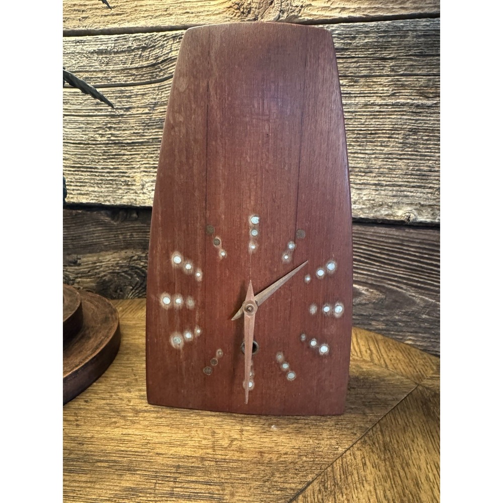 Early Rare Mid‎ Century Modern Teak Brass Statue Clock. Beautiful.
